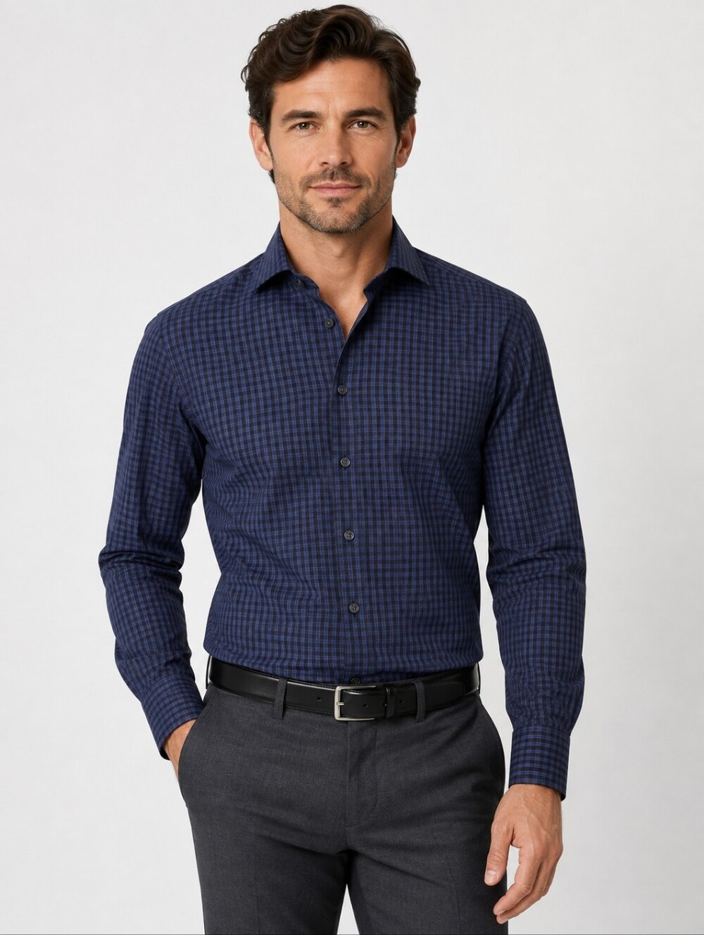 Hugo Boss‎ Slim Fit Dress Shirt Blue Black Check 42 16.5 Cotton Long Sleeve